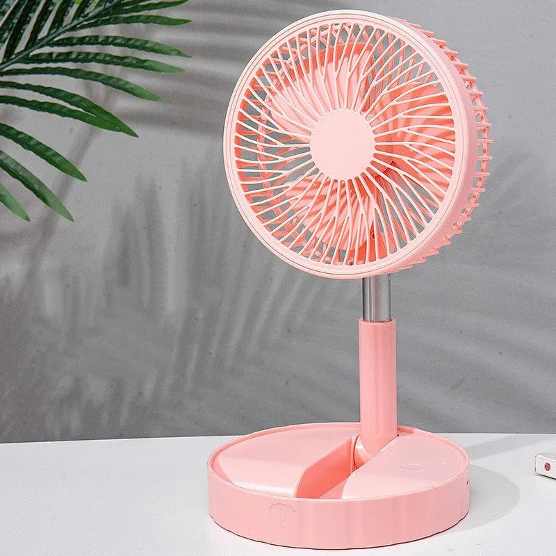 Black telescopic portable folding fan shown extended to full height on a desk, with control panel visible.
