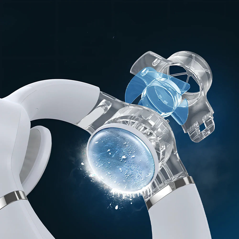 USB rechargeable neck fan with semiconductor cooling in white, dark blue, or light green colours