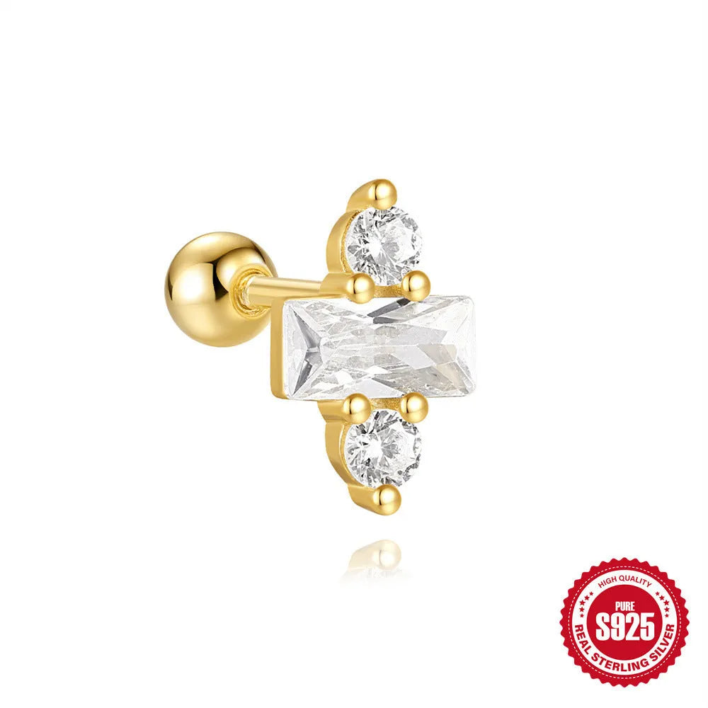 S925 sterling silver floral stud earrings with square gravel detail in a golden electroplated finish.
