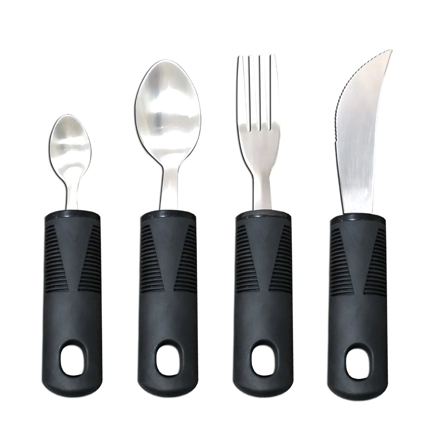 Stainless steel adaptive eating utensils with rubber handles and bendable components for elderly anti-shake support