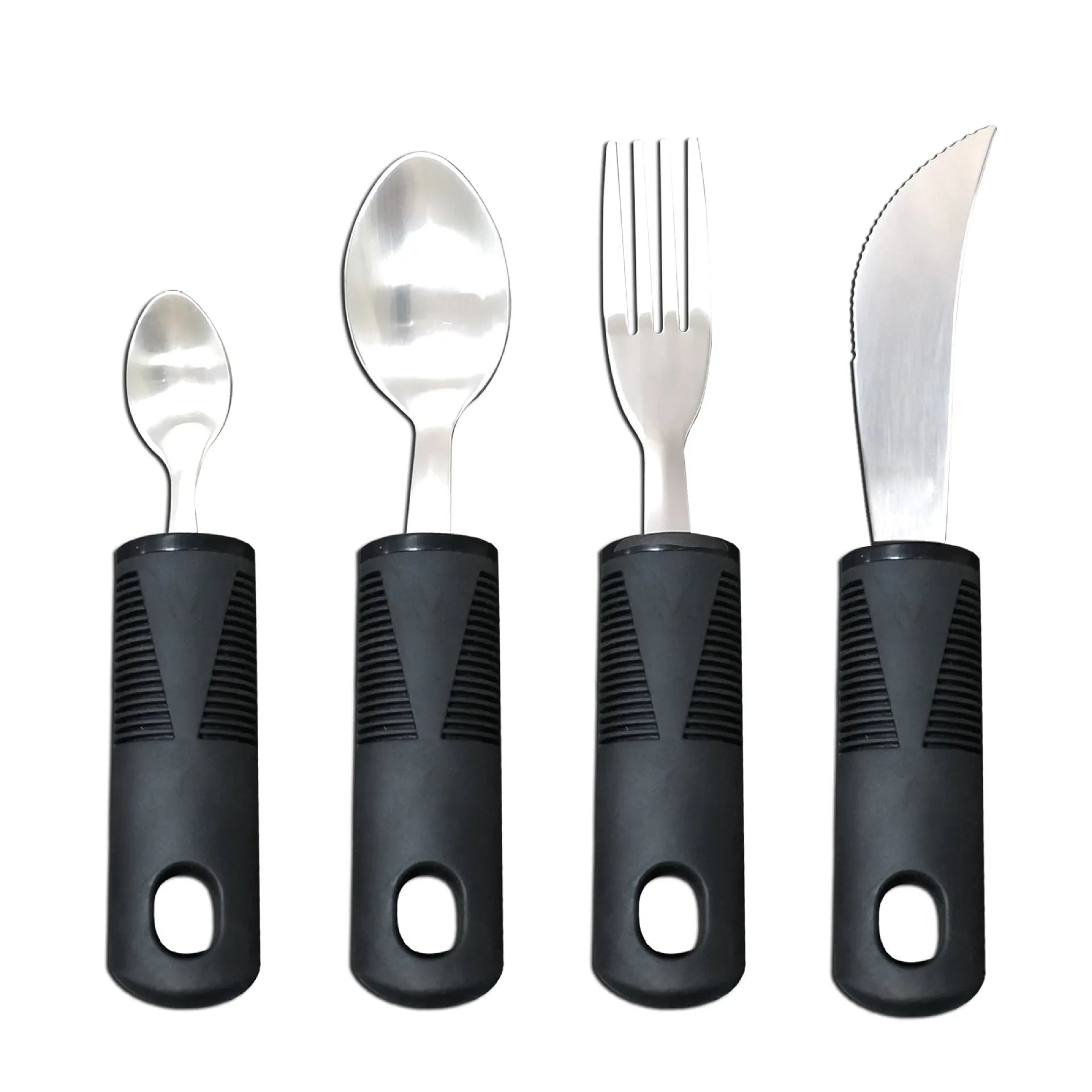 Stainless steel adaptive eating utensils with rubber handles and bendable components for elderly anti-shake support