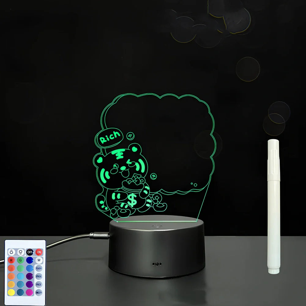 3D acrylic LED message board with touch controls showing illuminated writing on 3.5mm thick surface