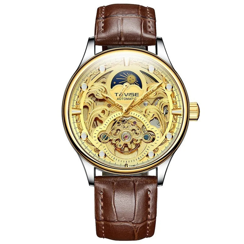 Men's automatic mechanical watch with leather strap showing 16mm thickness and business-style dial design