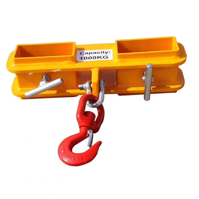 Rotatable drum crane locking forklift hook with safety device and adjustable installation on forklift forks