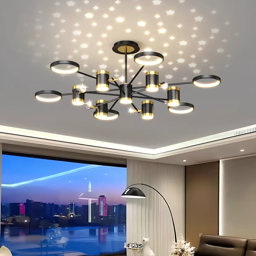 Black Nordic iron chandelier with 13 LED heads, 1000mm diameter, adjustable 0.3m height for living room lighting