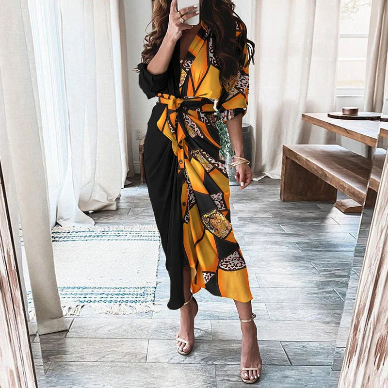 Elegant Floral Print Lace-Up Maxi Dress with Deep V-Neck, Long Sleeves, and Flattering Silhouette