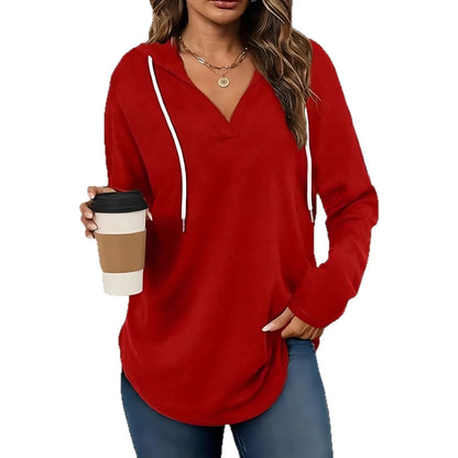 Women's red V-neck hooded sweatshirt with long sleeves and loose fit