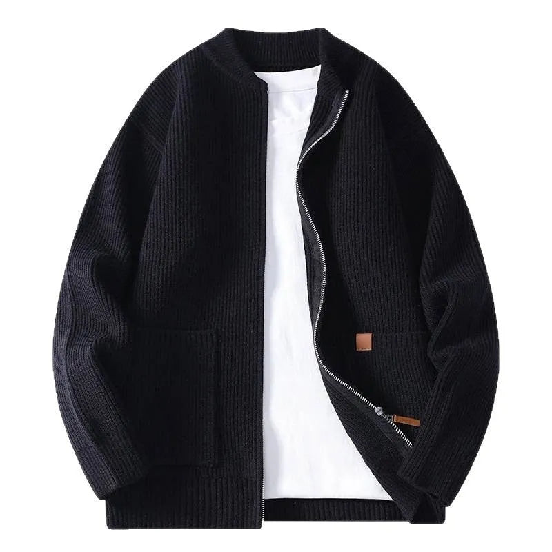 Men's cardigan sweater in a striped jacket style with straight cut and regular thickness, suitable for youth leisure wear, available in beige, grey, black, red and green colour options across sizes M to 4XL.