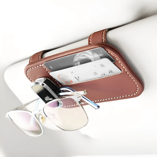 Cowhide leather car sun visor card holder with glasses clip in beige, black, mocha, grey or wine red