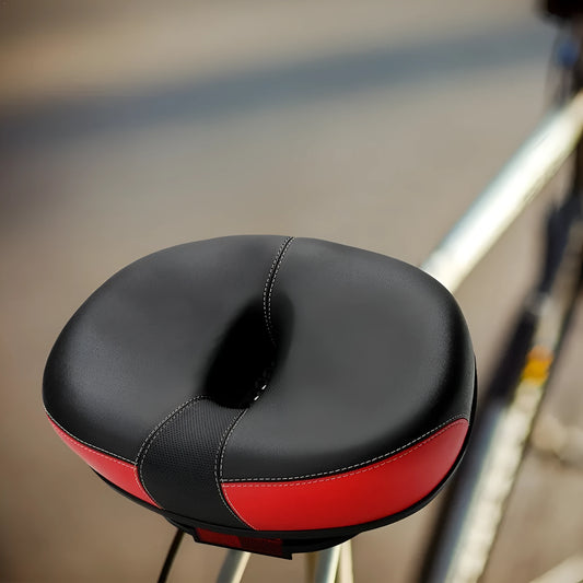 Large red plus-size thickened bicycle saddle with PU pattern and reflective sticker.
