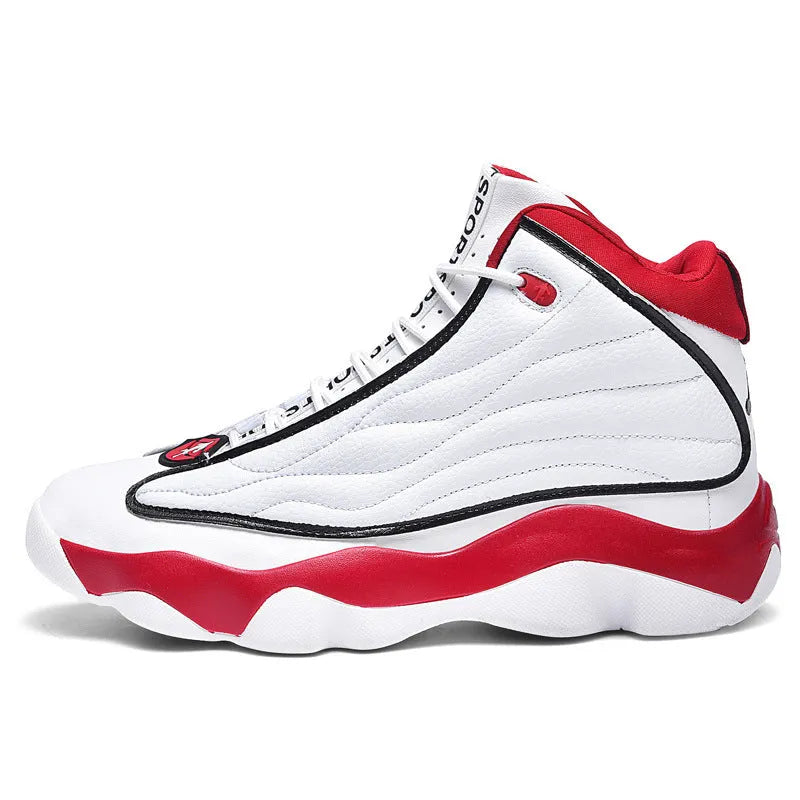 Men's high-top basketball shoes in AJ13 style colours with mesh upper and thick rubber sole.