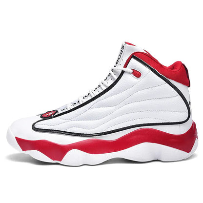 Men's high-top basketball shoes in AJ13 style colours with mesh upper and thick rubber sole.