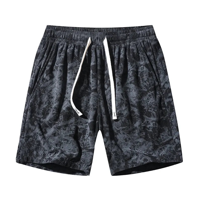 Men's camouflage pattern corduroy athletic shorts with straight leg cut and high waistband