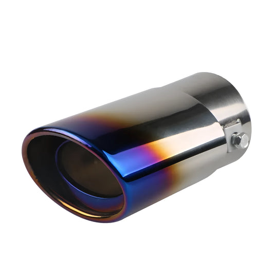 Stainless steel car exhaust tailpipe in straight and curved styles with baked blue, silver, and colourful finishes.