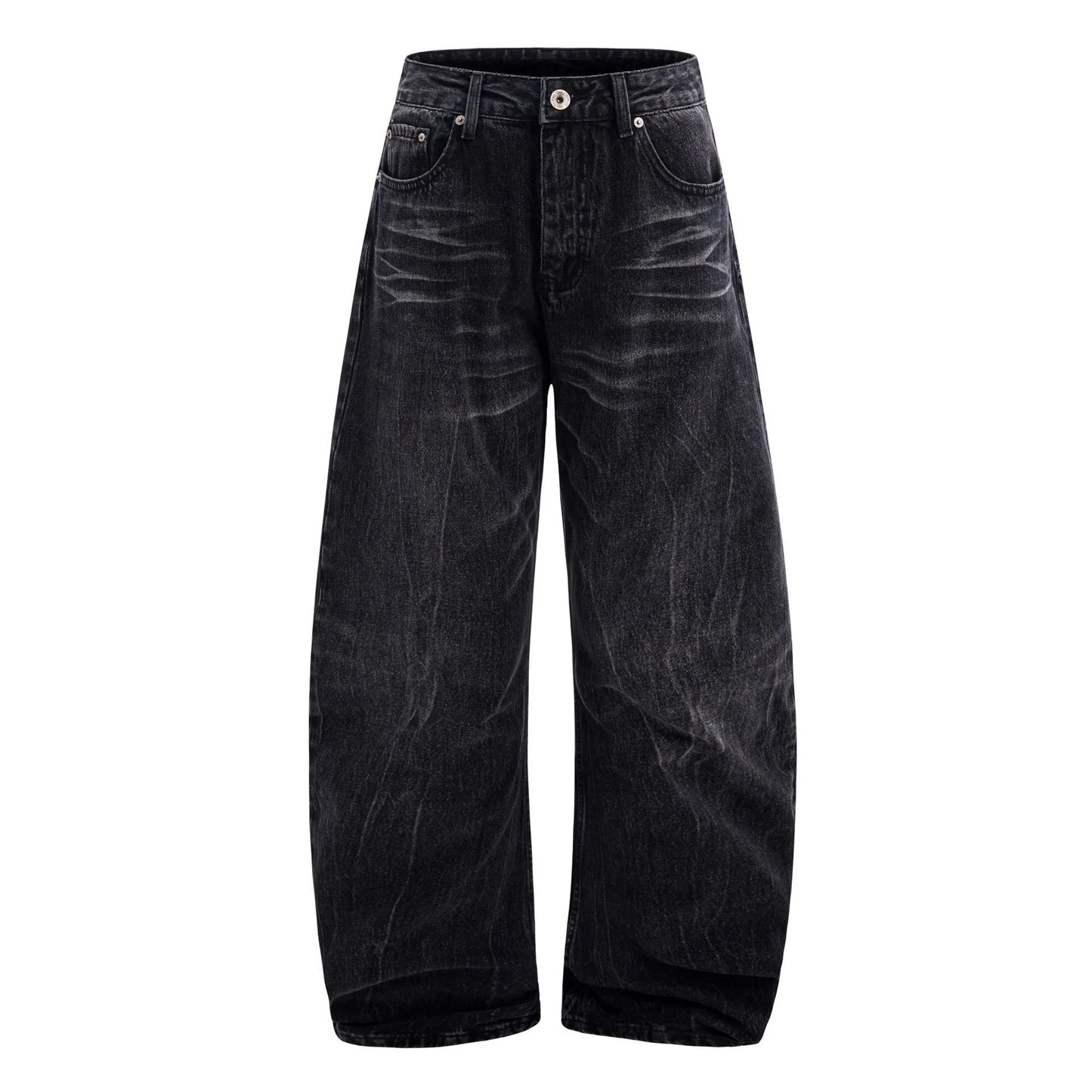 Black men's straight-leg jeans with an American washed old lightning crack distressed pattern.