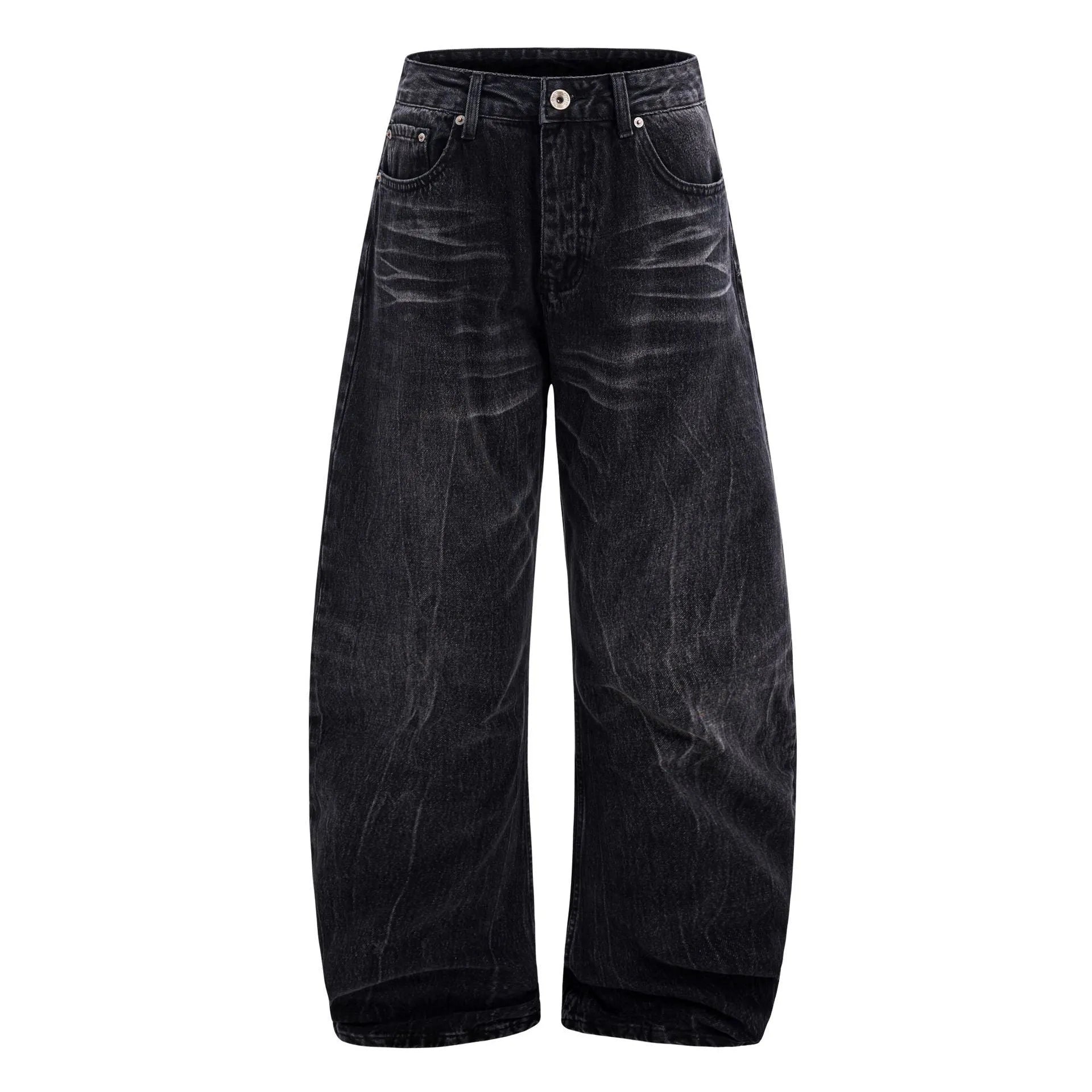Black men's straight-leg jeans with an American washed old lightning crack distressed pattern.