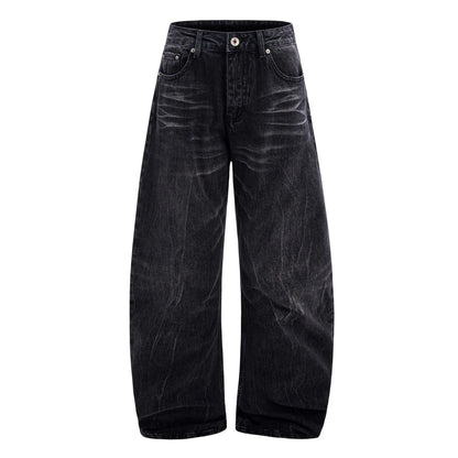 Black men's straight-leg jeans with an American washed old lightning crack distressed pattern.