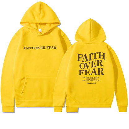 A stylish Christian hoodie with inspirational graphics and a message of faith over fear