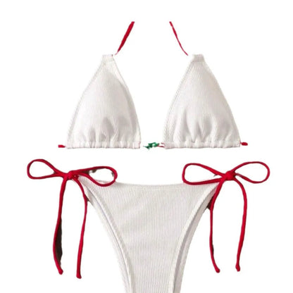 Solid colour briefs-style bikini swimsuit on a hanger, showing the top and pants.