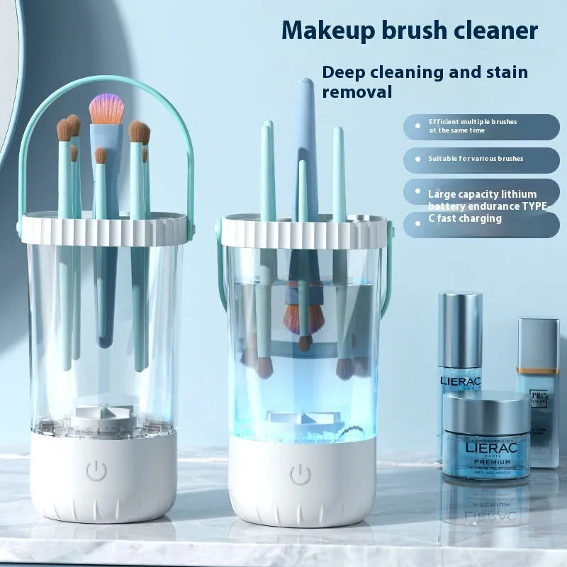 White rechargeable electric makeup brush cleaning device with USB cable, measuring 24cm length