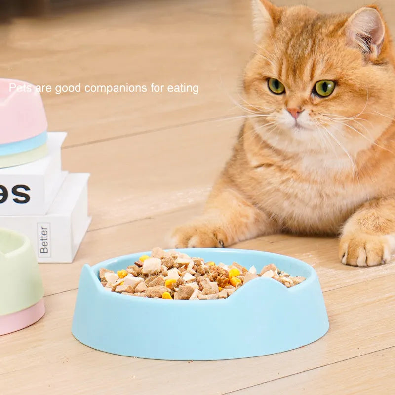 Blue ceramic dog slow feeder bowl with four white cup obstacles inside for puzzle feeding.