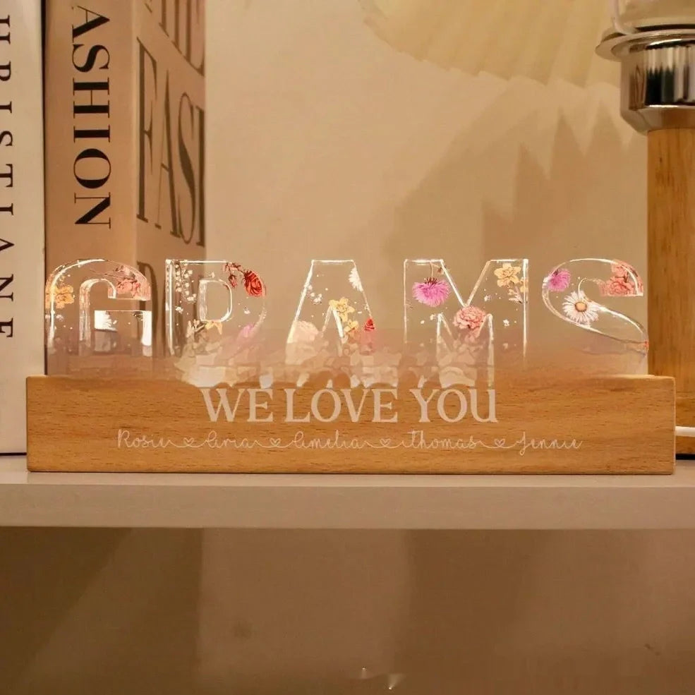 Custom flower printed LED night light with personalised text on acrylic surface in three size options
