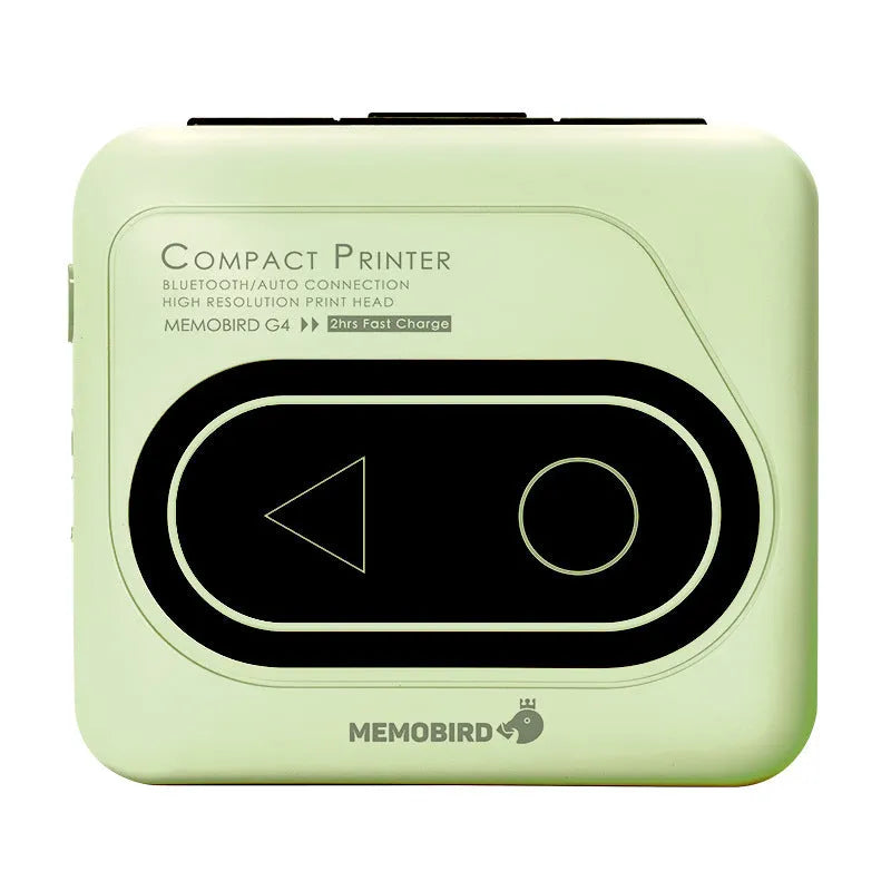 Compact Avocado Green mini Bluetooth thermal printer with mobile phone, thermal paper roll, and charging cable.