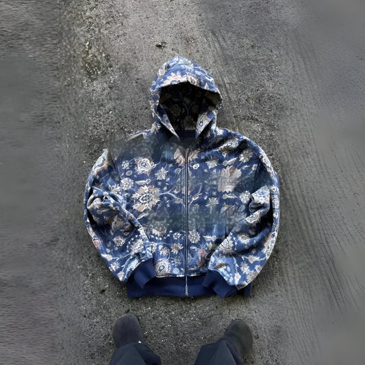 Men's blue loose-fit zip hooded coat casual jacket on a hanger