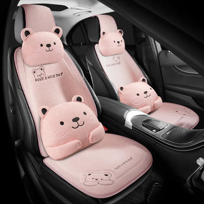 Car seat cushion set with lumbar support and headrest in cartoon linen design with wool cotton filler