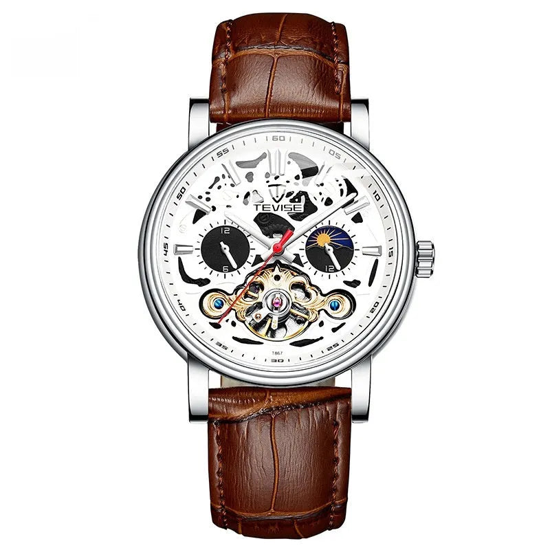 Men's tourbillon mechanical watch showing 16.5mm thickness with luminous hands and waterproof construction