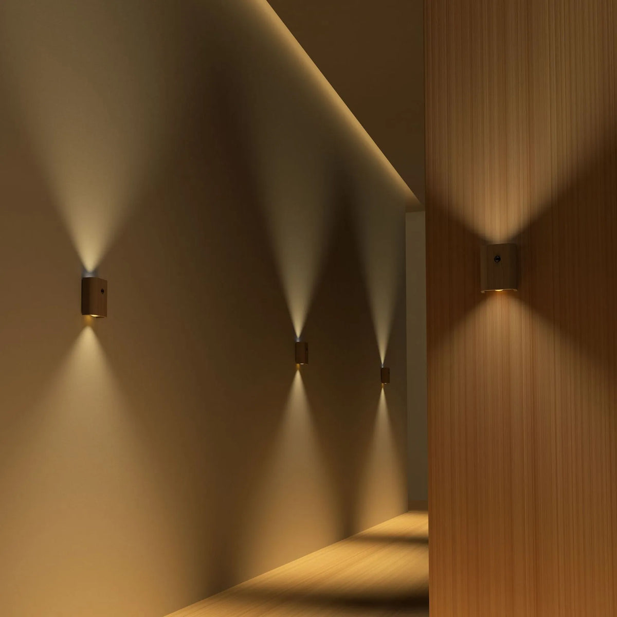 Solid wood pattern human body induction LED light, 73x56x28mm, in Sapele or Beech with warm white output