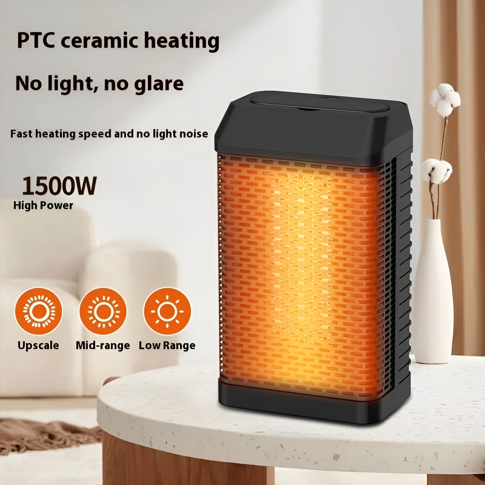 Black remote control desktop heater with shaking head, dimensions 14.5cm by 10cm by 26cm