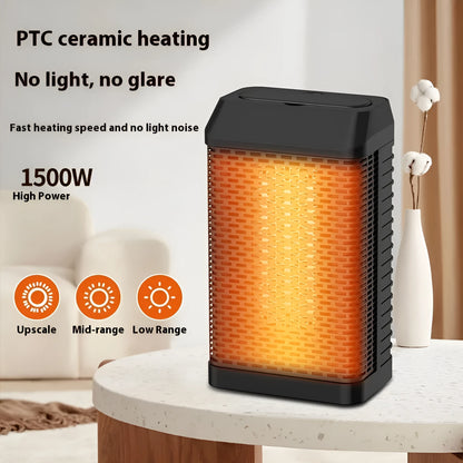 Black remote control desktop heater with shaking head, dimensions 14.5cm by 10cm by 26cm