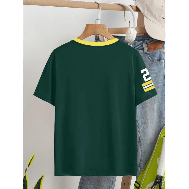 Man's loose-fit red cotton T-shirt with a digitally printed graphic design on the front.