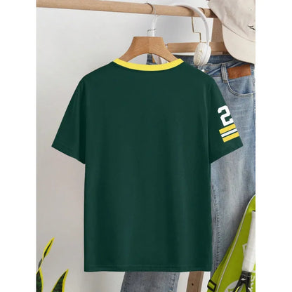 Man's loose-fit red cotton T-shirt with a digitally printed graphic design on the front.
