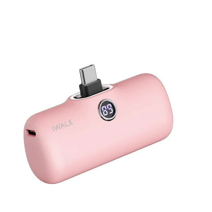 Compact lipstick-style power bank showing screen display with battery percentage, measuring 78mm x 51mm x 25mm