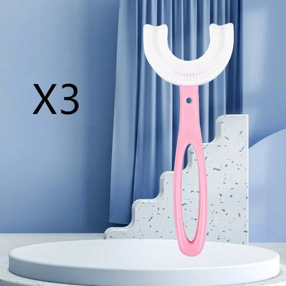 Children's U-shaped soft rubber toothbrush in pink and blue colours.