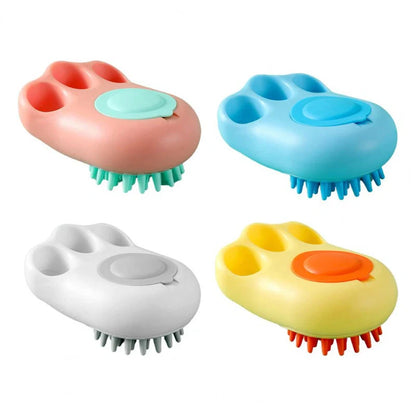 Claw-shaped pet grooming brush in pink, blue, yellow, and grey