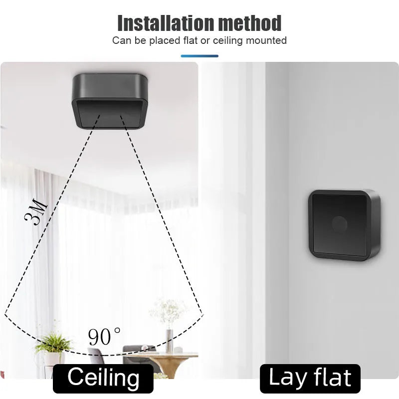 Black 24G millimeter wave human presence sensor, 10x10x4cm, Wi-Fi ZigBee, USB powered smart home detector
