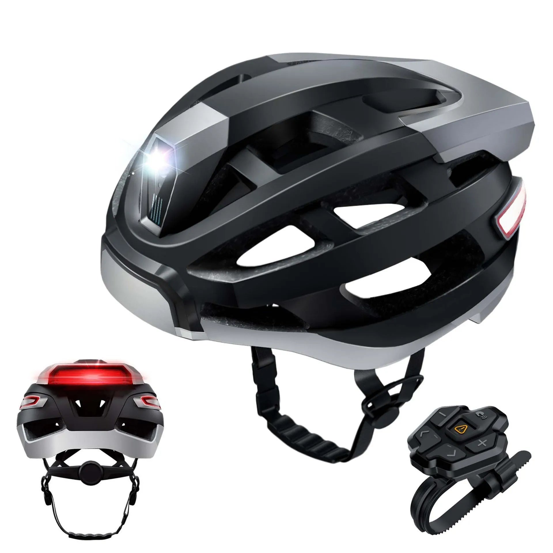 Black and grey smart Bluetooth warning light riding helmet showing integrated light system