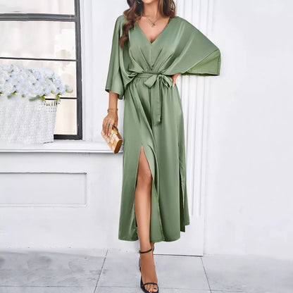 Long-sleeved V-neck dress with bat sleeves and split design in champagne, green, wine red, or black