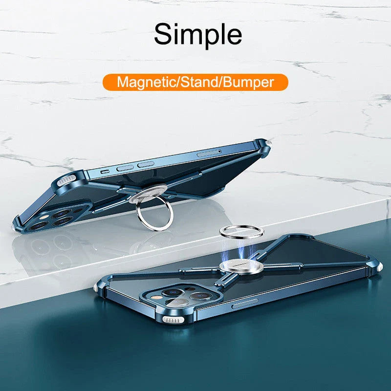 Stylish metal bumper case with X-shaped design, airbag cushioning, and heat dissipation for iPhone 12 and 13 series