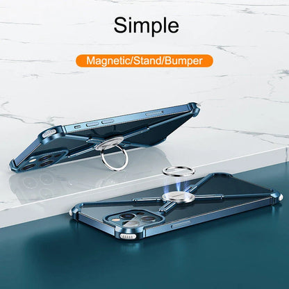 Stylish metal bumper case with X-shaped design, airbag cushioning, and heat dissipation for iPhone 12 and 13 series