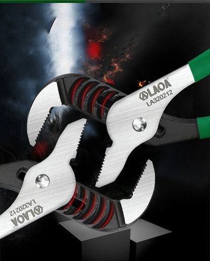 CR-V steel adjustable water pipe wrench set showing four sizes on a workbench.