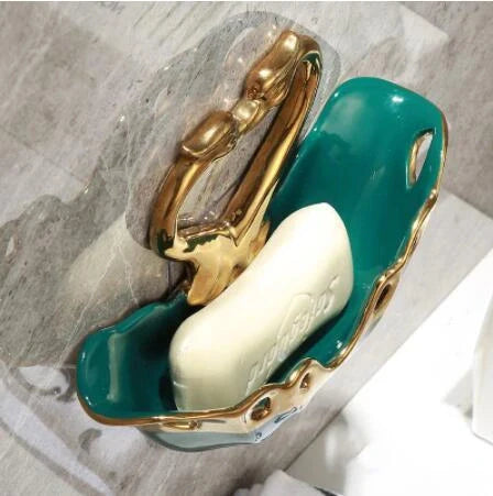 Ceramic swan soap box with suction cup in green, white, and pink