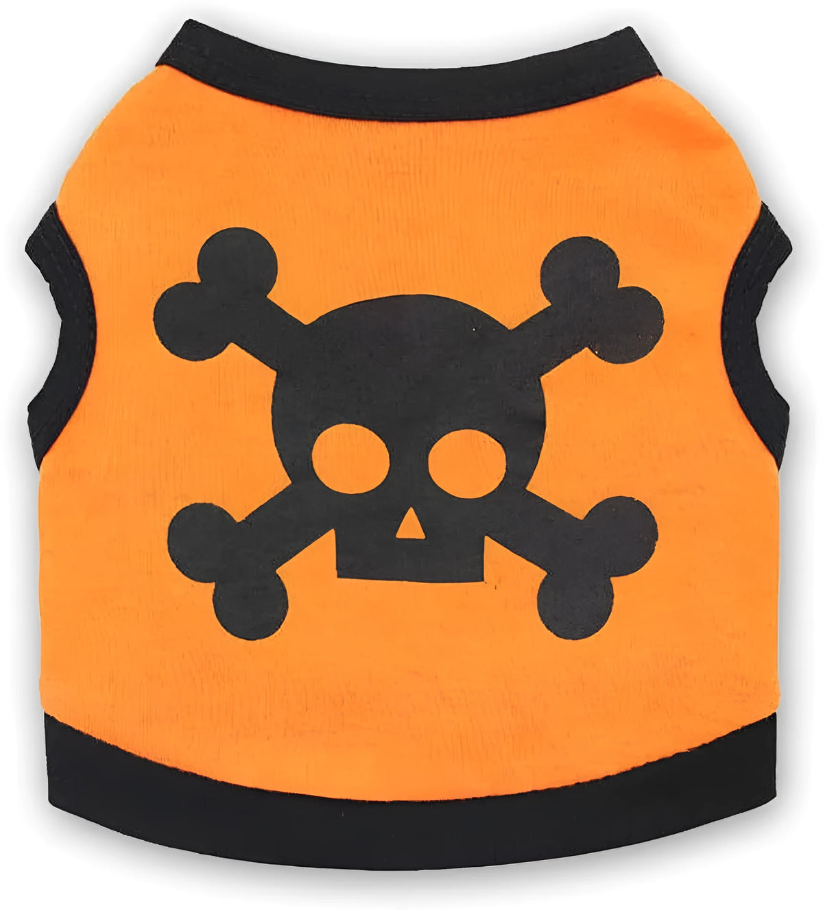 Blue dog vest with orange skull bones pattern, tank top style for a small dog.