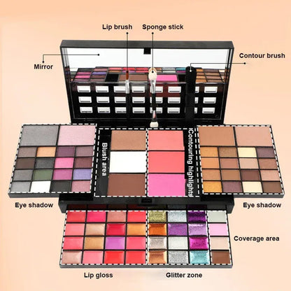 74 colour makeup palette open to show eyeshadows, lip glosses, and face powders with included brushes