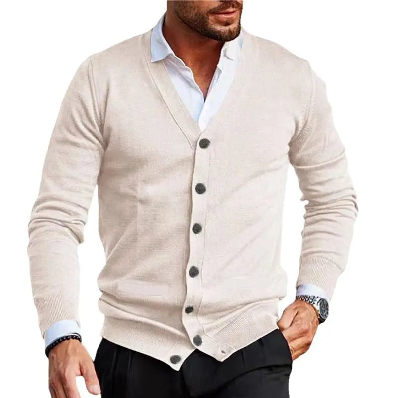 Men's slim fit acrylic cardigan sweater in autumn colours with long sleeves and front button opening