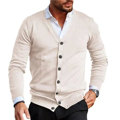 Men's slim fit acrylic cardigan sweater in autumn colours with long sleeves and front button opening