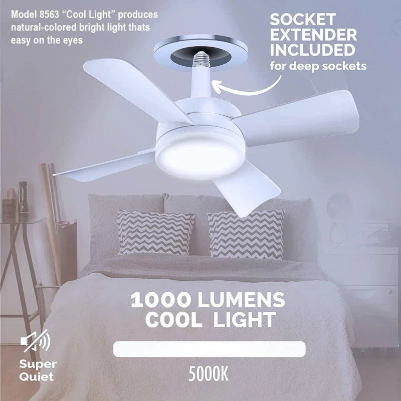 Adjustable ceiling fan light with wireless remote control, featuring a white housing and 4 plastic fan blades